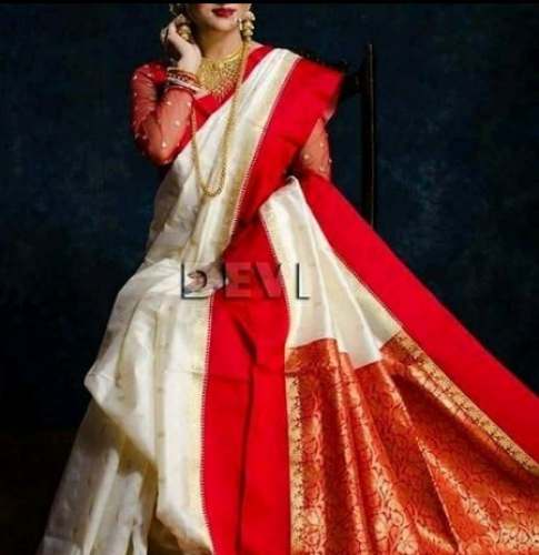 New White And Red Banarasi Saree For Women by Roop Laxmi Boutique