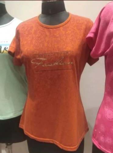 Half Sleeve Orange T Shirt For Women by Compitent Impex