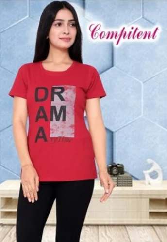 Red Ladies Round Neck Half Sleeve T Shirt by Compitent Impex