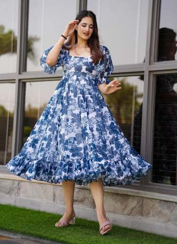 NAVY BLUE GEORGETTE PRINTED WESTERN DRESS by Aahvan Designs