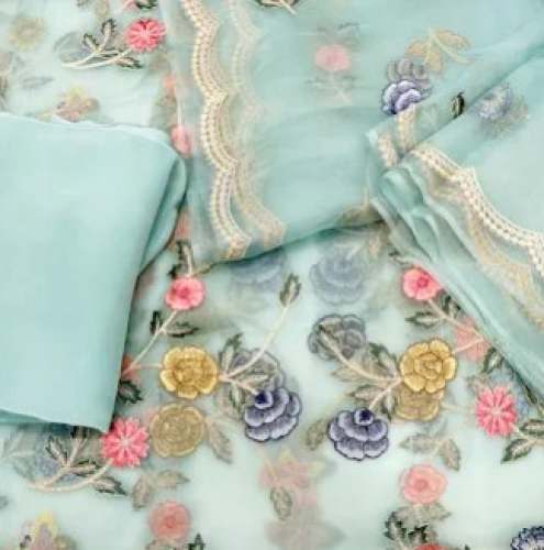 Multi Color Sky Blue Printed Organza Fabric by Apsara Fabrics