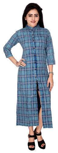 denim checks print kurti
