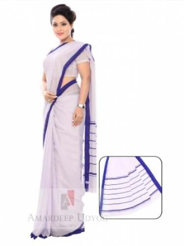 White Saree With Blue Border by Amardeep Udyog