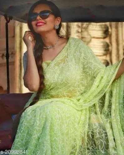 Pista Green chikankari saree for women by Selection Chikan Handicraft