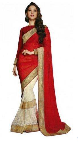 Red and white Lycra half Saree by Aarini