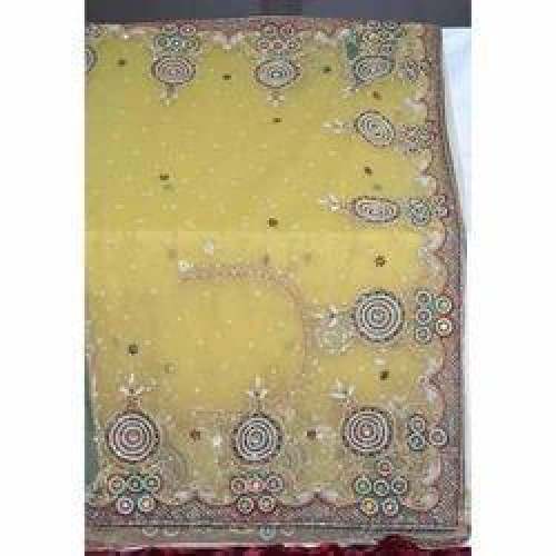 Hand Embroidered Net Yellow Saree