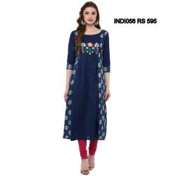 Straight Blue Embroidered Kurti by Prakhya