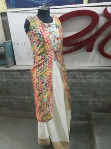 Designer Plain Kurti with Printed jacket  by Shreerang Handicraft