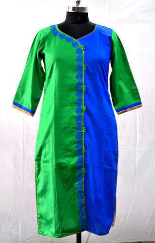 Fancy Green and Blue Straight Kurti  by Shreerang Handicraft