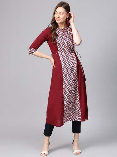 Maroon A-Line Cotton Kurti by Nandani Creation Pvt Ltd