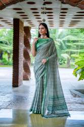 Beautiful Light Green Traditional Print Fancy Pallu Tussar Silk Saree