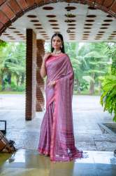 Beautiful Pink Traditional Print Fancy Pallu Tussar Silk Saree