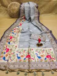 GREY EMBROIDERED TUSSAR SILK SAREE 