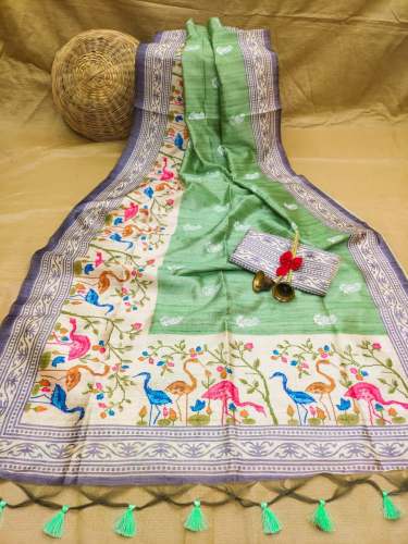 LIGHT GREEN EMBROIDERED TUSSAR SILK SAREE