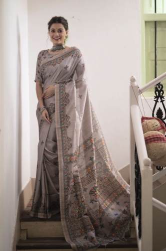 Light ﻿Grey ﻿Beautiful Madhubani Print Zari Border With Fancy Pallu And Tassels Tussar Silk