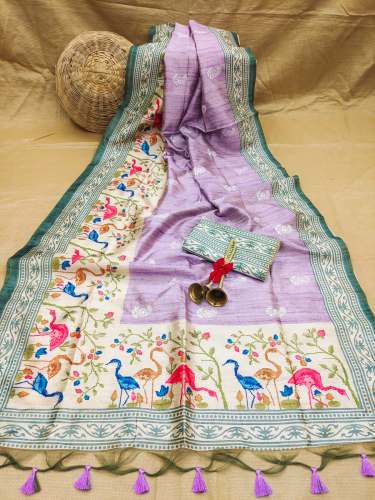 LIGHT PURPLE EMBROIDERED TUSSAR SILK SAREE