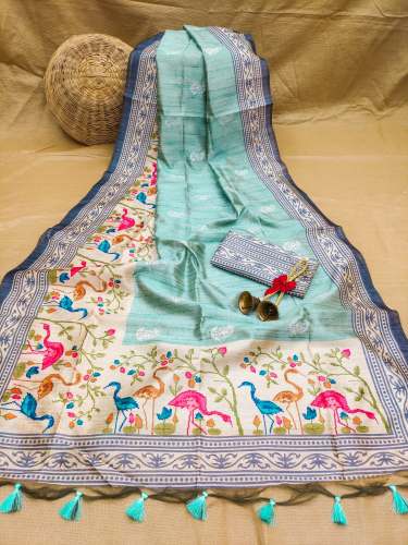 LIGHT ﻿SKY EMBROIDERED TUSSAR SILK SAREE