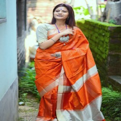 Orange Banglore Raw Silk Saree With Cream Blouse 