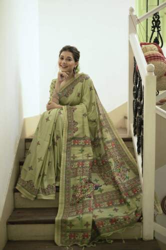 Pista Green Beautiful Madhubani Print Zari Border With Fancy Pallu And Tassels Tussar Silk