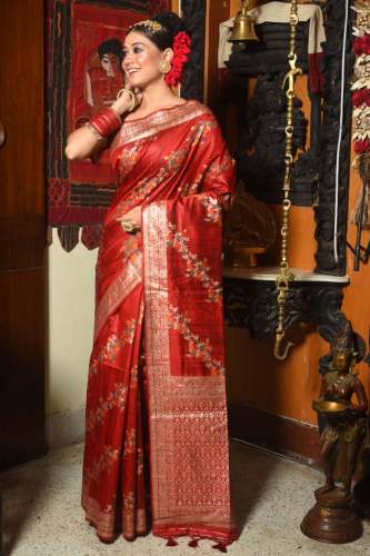 RED JAMDANI WEAVING TUSSAR SILK SAREE