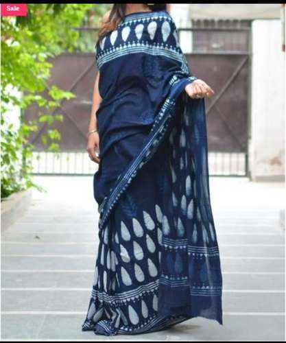 Dabu Indigo Printed Soft Malmal Cotton Saree