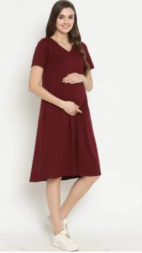 Maroon Plain Maternity Dress  by Wobbly Walk