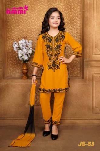 Kids Yellow Moss Crepe Embroidery Kurti Set by Ammi Enterprises