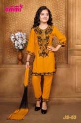 Kids Yellow Moss Crepe Embroidery Kurti Set