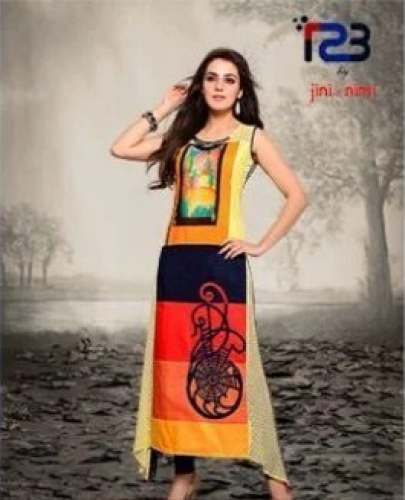 Fancy Crepe Digital Printed Sleeveless Kurti  by Kinjal Creation