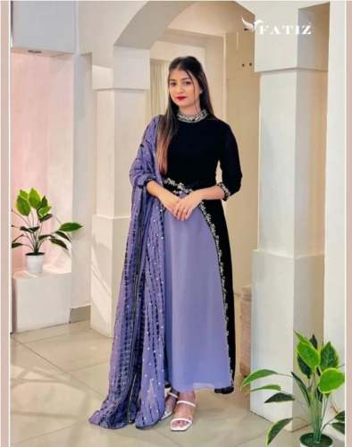 Designer Black and grape grey colour georgette Anarkali suit by Fatiz Garments And Events Pvt Ltd