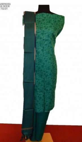 Dark Green Ikat Printed Pure Handloom Tussar Silk Suit by Janardhana Silk House