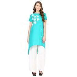 Embroidered Rayon Kurta In Turquoise