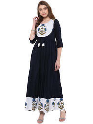 Long Rayon Kurta With Printed Yoke And Border