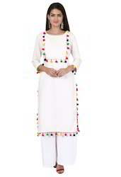 White Kurta With Pom Pom Lace