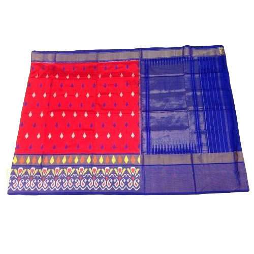 Red and Blue Ikat Cotton Handloom Saree  by Venkatesh Handlooms