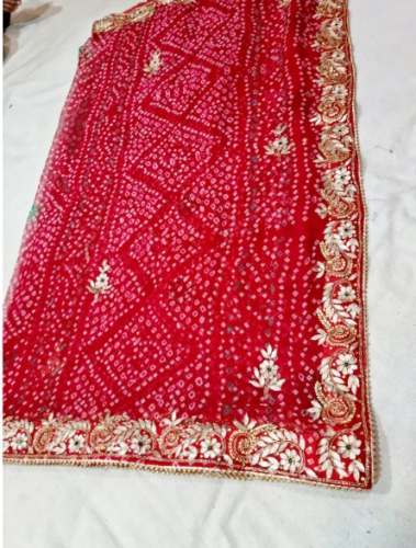 Pure Ozariya Red Bandhej Gota Patti Saree  by Krishna Saree