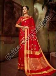 Fancy Red Pure Dola Silk Saree For Women