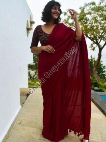 Plain Maroon Cotton Saree For Women
