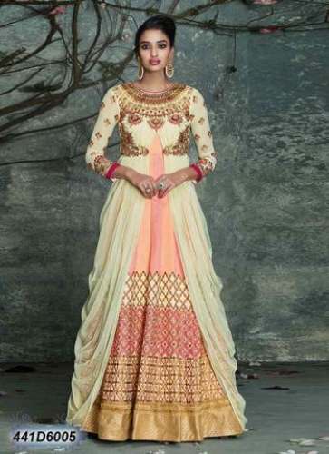 Peach Raw Silk Net Anarkali Salwar by Daily Buyys Retail Private Limited