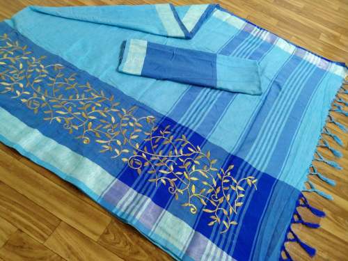 Linen Embroidery Work Saree With Jhalar 
