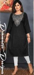 	Black Rayon Regular Fabric Printed Work Kurtis 