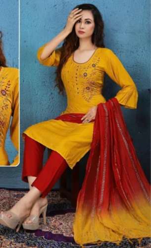 Yellow And Red Casual designer Kurtis Pant Set  by Milan Creation