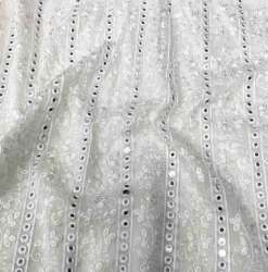 White Lucknowi Chikan Embroidery Mirror Fabric