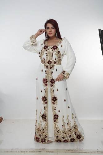 Party Wear Full Sleeve White Embroidered Kaftan Dress 