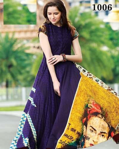 Floor Length Long Printed Gown by Roojhan Designer Studio