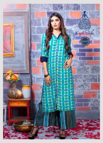 Multi Blue Rayon Printed kurti Palazzo Set by Roojhan Designer Studio