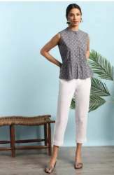 	Floral Print Womens Grey Chinese Neck Cotton Top