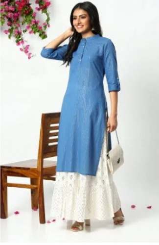 Casual Wear Chinese Neck Striped Cotton Kurtis  by Thread Bucket Studio LLP