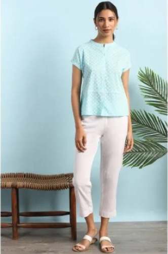Chinese Neck Casual Sky Blue Cotton Printed Top