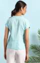 Chinese Neck Casual Sky Blue Cotton Printed Top thumb 3